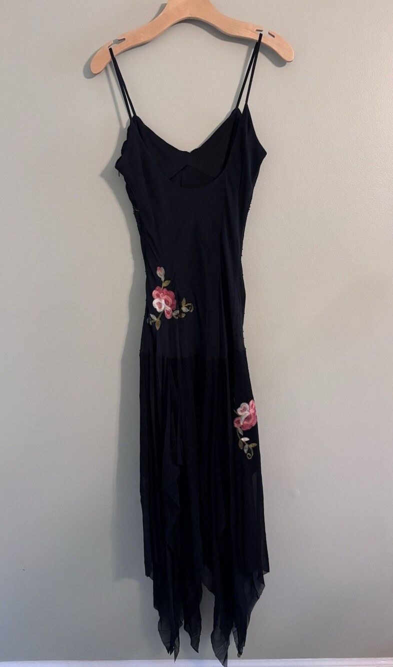 VTG Y2K Cache Silk Maxi Dress Sz 8 Beaded Embroidered Floral Whimsy Fairy Goth - Picture 3 of 16